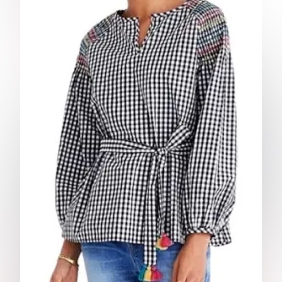 Madewell Tops - Madewell Smocked Gingham Blouse With Tassel Belt
